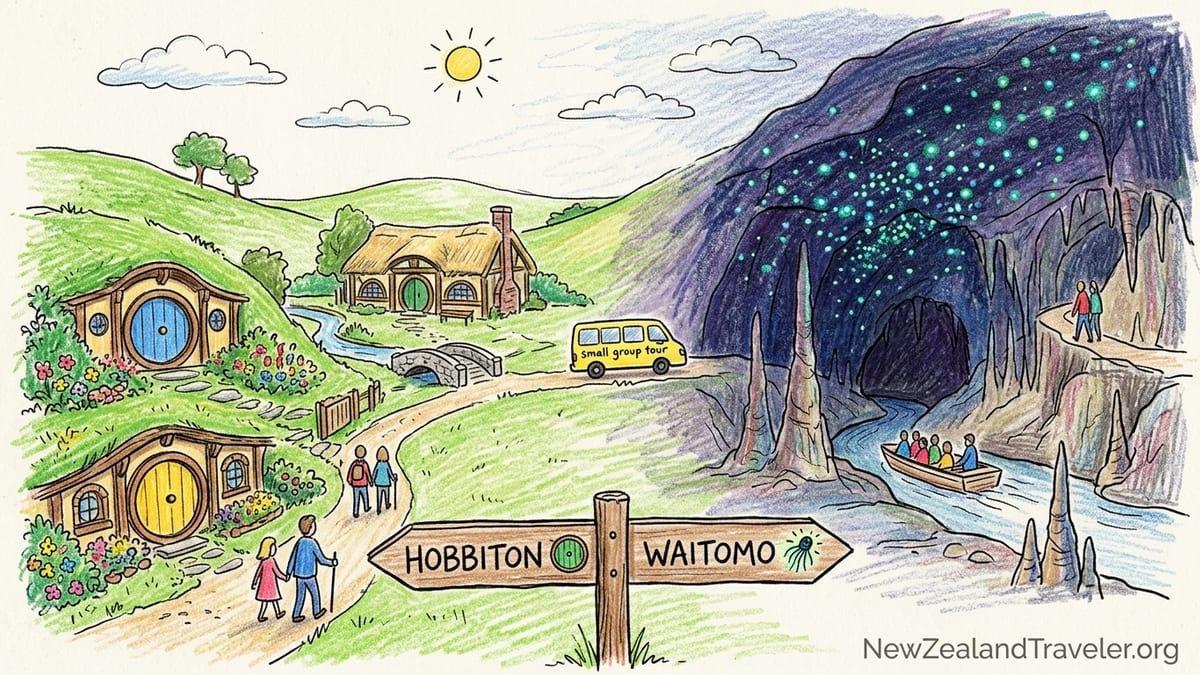 Small tour group walking past hobbit holes at Hobbiton with green hills and a tour bus in the distance.