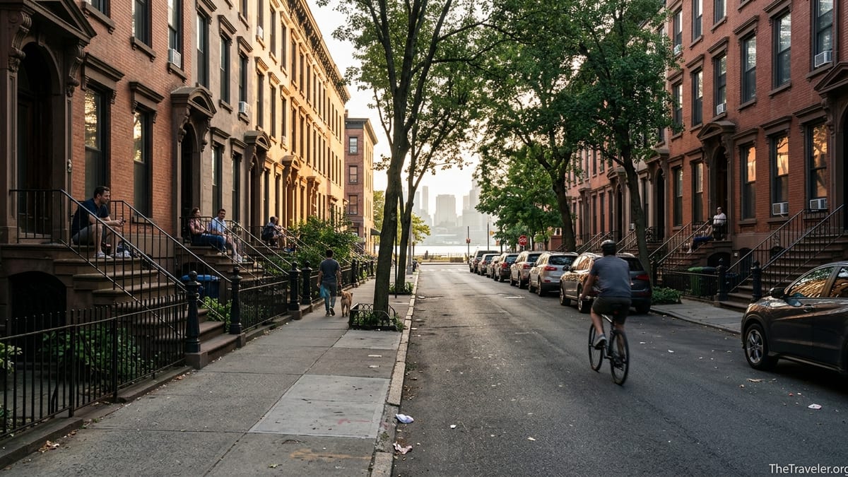 Hoboken brownstone street at golden hour with stoops, trees, and a glimpse of Manhattan in the distance.