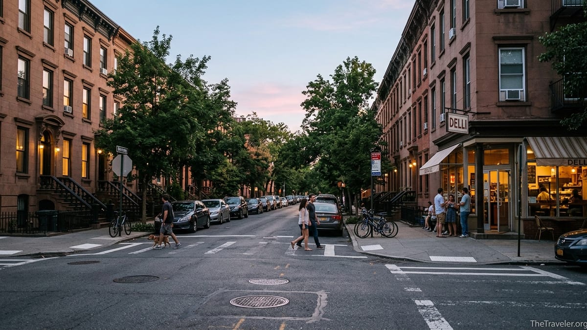 Brownstone-lined Hoboken side street with cafes, an Italian deli, and evening pedestrians.