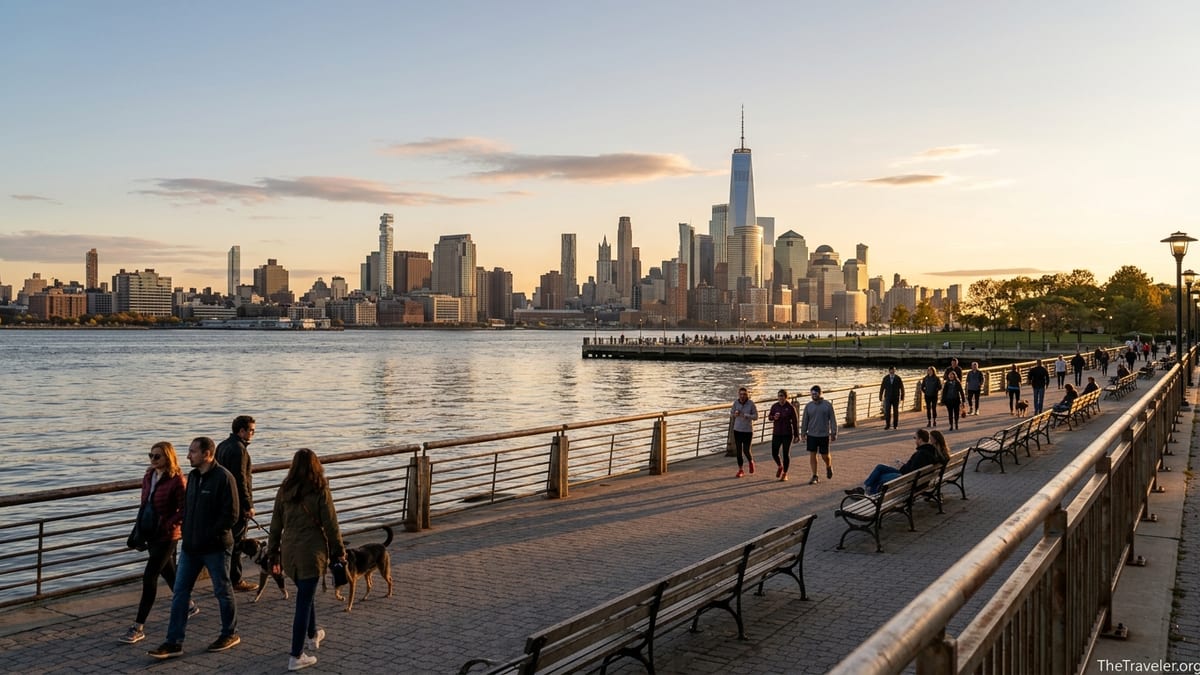 Hoboken waterfront promenade at sunset with people walking and Manhattan skyline across the Hudson River.