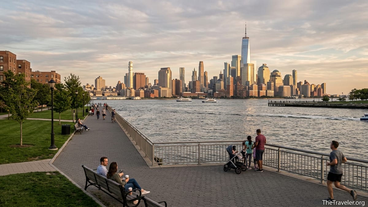 Hoboken waterfront path at sunset with people walking and the Manhattan skyline across the Hudson River.