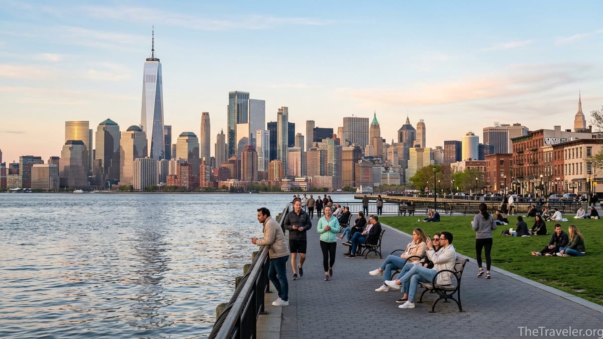 Hoboken waterfront park at sunset with people relaxing and the Manhattan skyline across the Hudson River.