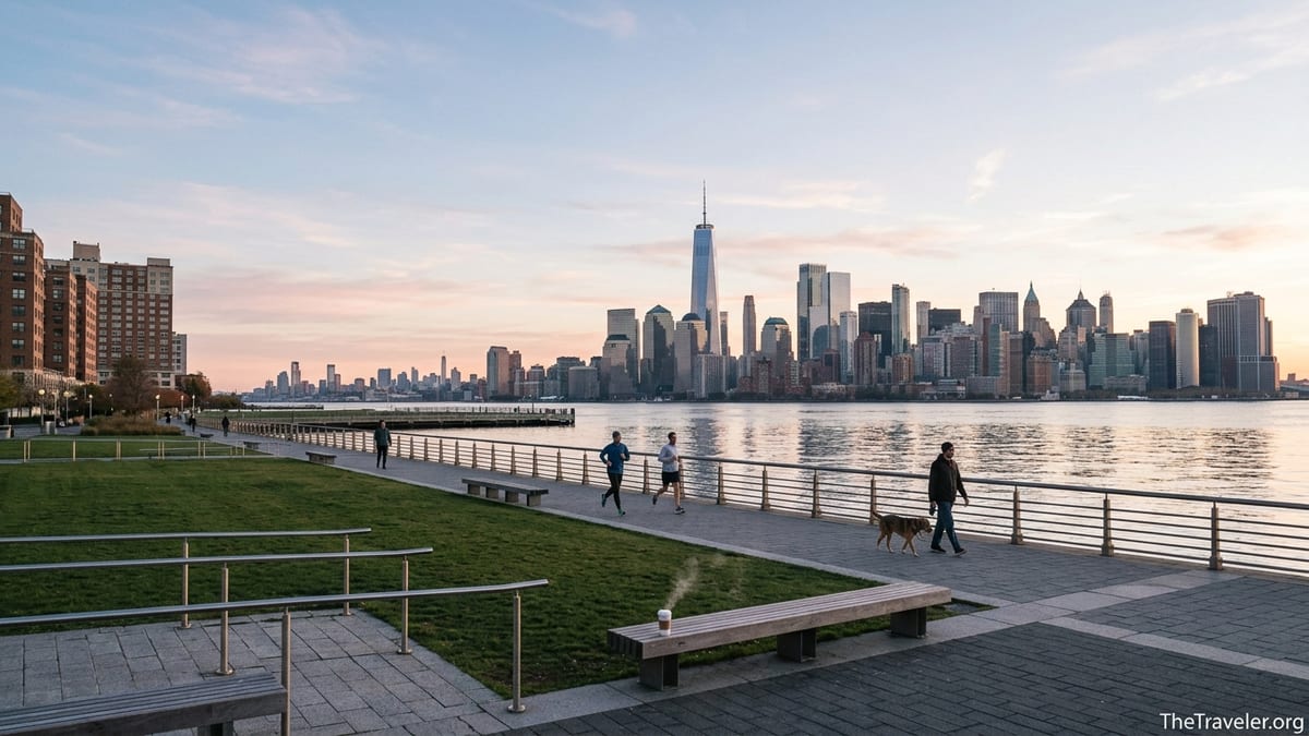 Sunrise over the Manhattan skyline seen from Hoboken’s Pier A waterfront walkway.