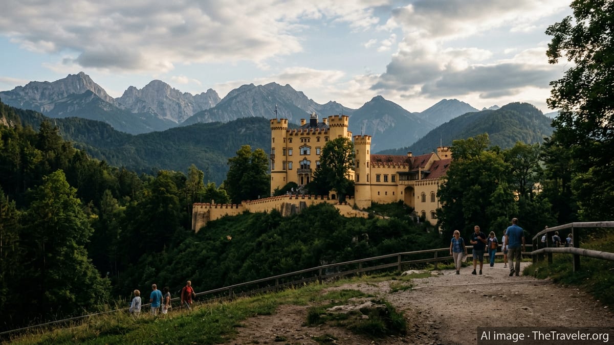 Hohenschwangau Castle above forested hills near Alpsee in Bavaria at golden hour.