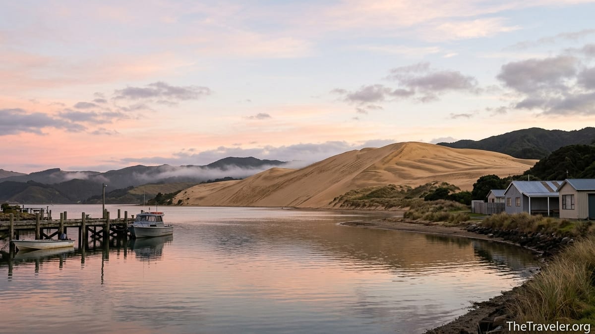 Sunrise over Hokianga Harbour from Opononi, with calm water and golden sand dunes in the distance.