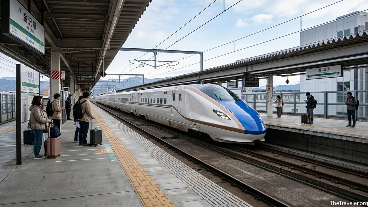 Hokuriku Shinkansen train arriving at a Hokuriku region station with travelers waiting on the platform.