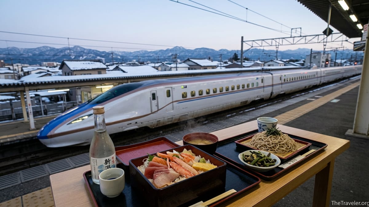Seafood bento, soba and Niigata sake on a table beside a Hokuriku Shinkansen in snowy Kanazawa.