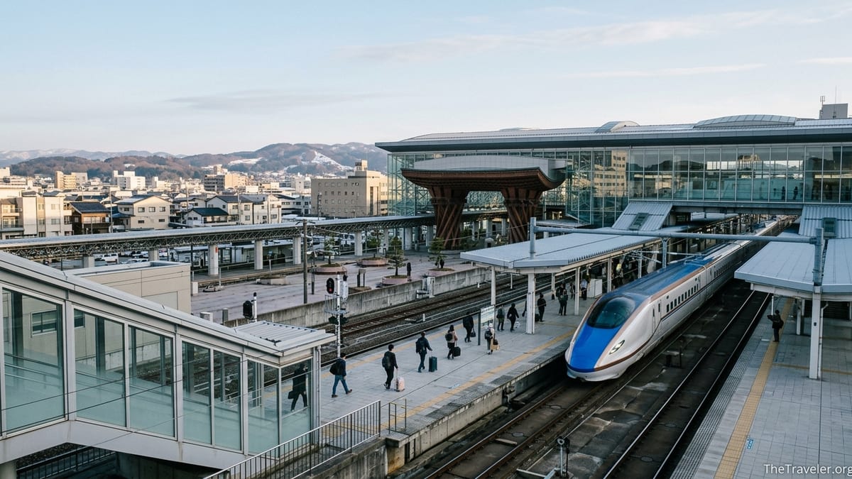 Hokuriku Shinkansen train arriving at Kanazawa Station with city and hills beyond.