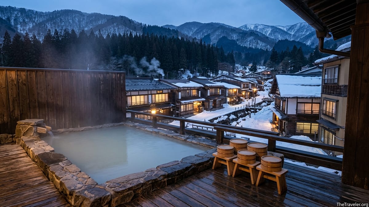 Outdoor hot spring bath overlooking a snowy Hokuriku–Shinetsu mountain village at dusk.