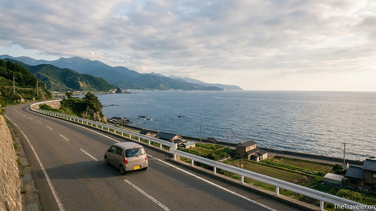 Coastal road in Hokuriku Shinetsu with a compact car and Sea of Japan views.