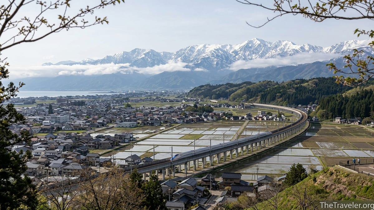 View over Toyama City toward the snowcapped Japanese Alps with a Hokuriku Shinkansen passing below.