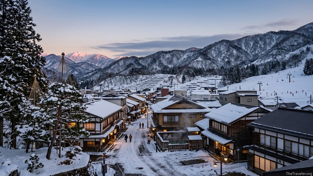Snowy Hokuriku onsen town at dusk with lit ryokan, mountains and ski slope in the distance.