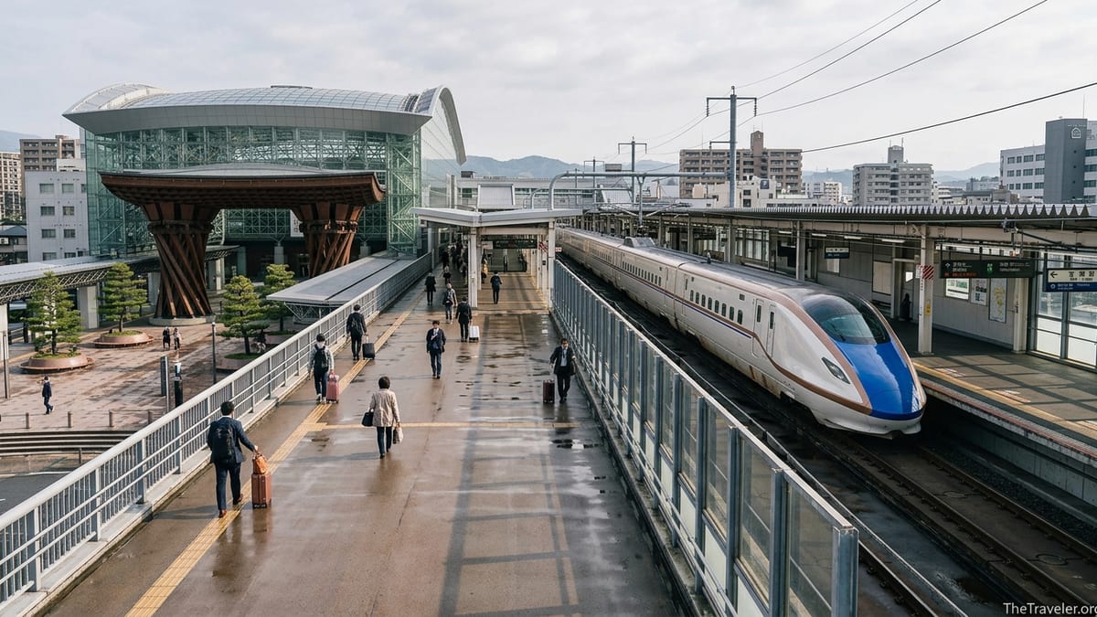Hokuriku Shinkansen train arriving at Kanazawa Station platforms on a cloudy morning