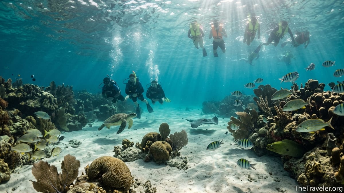 Scuba divers exploring Hol Chan Marine Reserve channel with coral walls, turtle and stingray on sandy bottom near Ambergris C