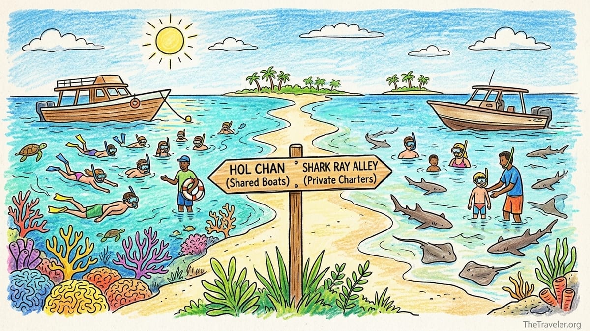 Snorkelers exploring Hol Chan Marine Reserve from small boats near Belize