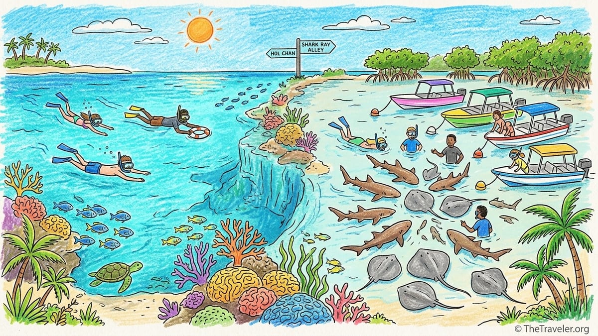 Snorkel boat at Hol Chan Marine Reserve with swimmers and nurse sharks in clear Belize water.