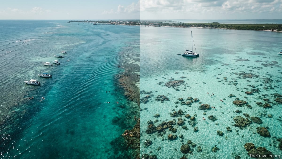 Snorkelers over shallow coral reef near Ambergris Caye Belize