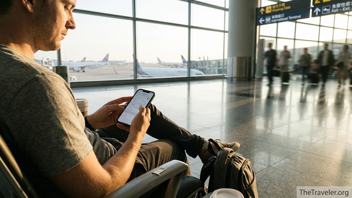 Traveler in an airport using a smartphone eSIM for international data.