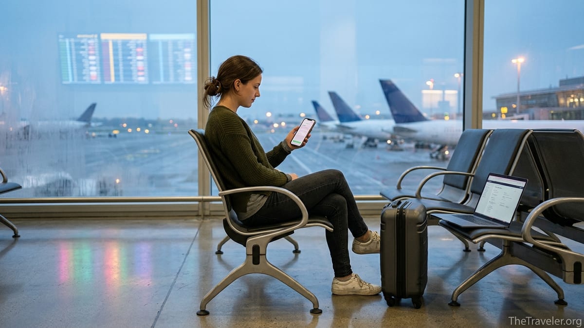 Traveler at an airport window setting up a phone eSIM before an international flight.