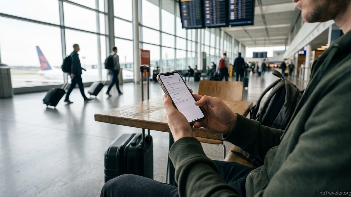 Traveler in an airport lounge activating an eSIM on a smartphone before an international flight.