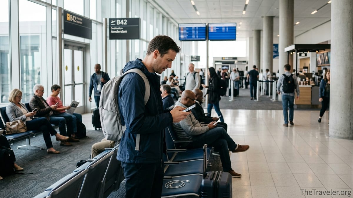 Traveler in an airport checking mobile data on a smartphone before an international flight.