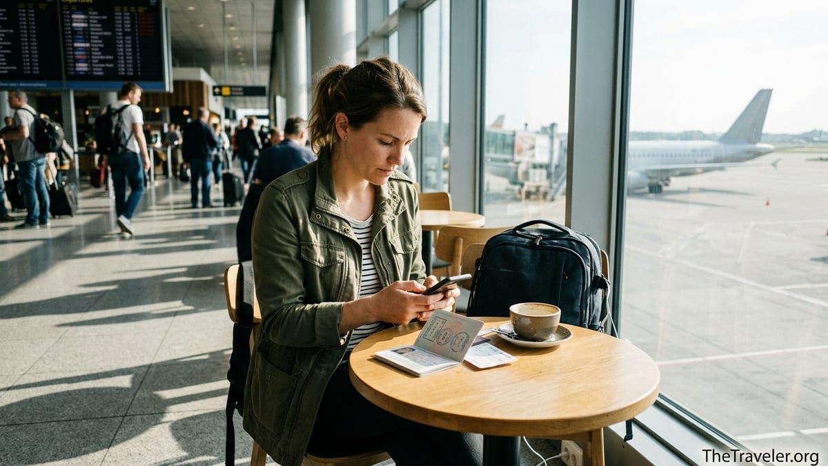 Traveler at an airport café checking mobile data options on her phone before an international flight.