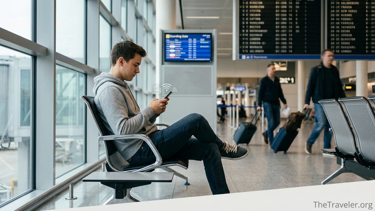 Traveler in an airport lounge setting up a mobile eSIM on a smartphone before boarding.