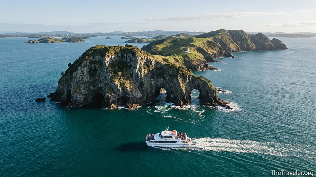Catamaran cruising toward Motukōkako Hole in the Rock near Cape Brett in the Bay of Islands.