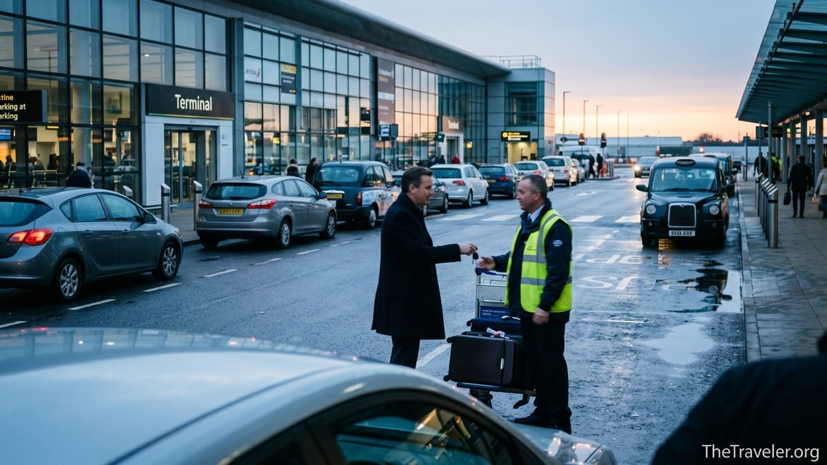 Traveler handing car keys to meet-and-greet parking attendant outside a busy UK airport terminal at dawn.