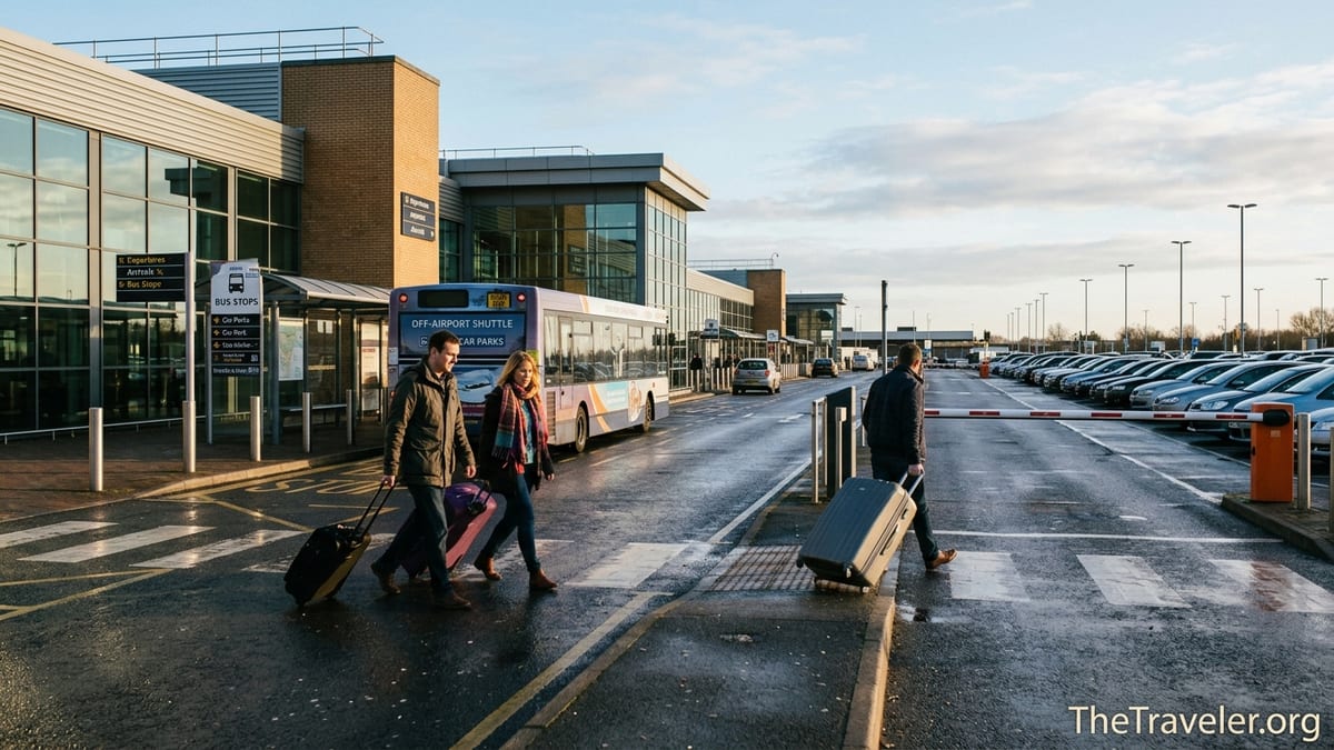 Travellers walking from a car park toward an airport shuttle bus at sunrise outside a UK terminal.