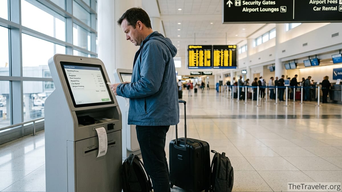 Traveler at airport check-in kiosk reviewing a long list of extra travel fees on screen.