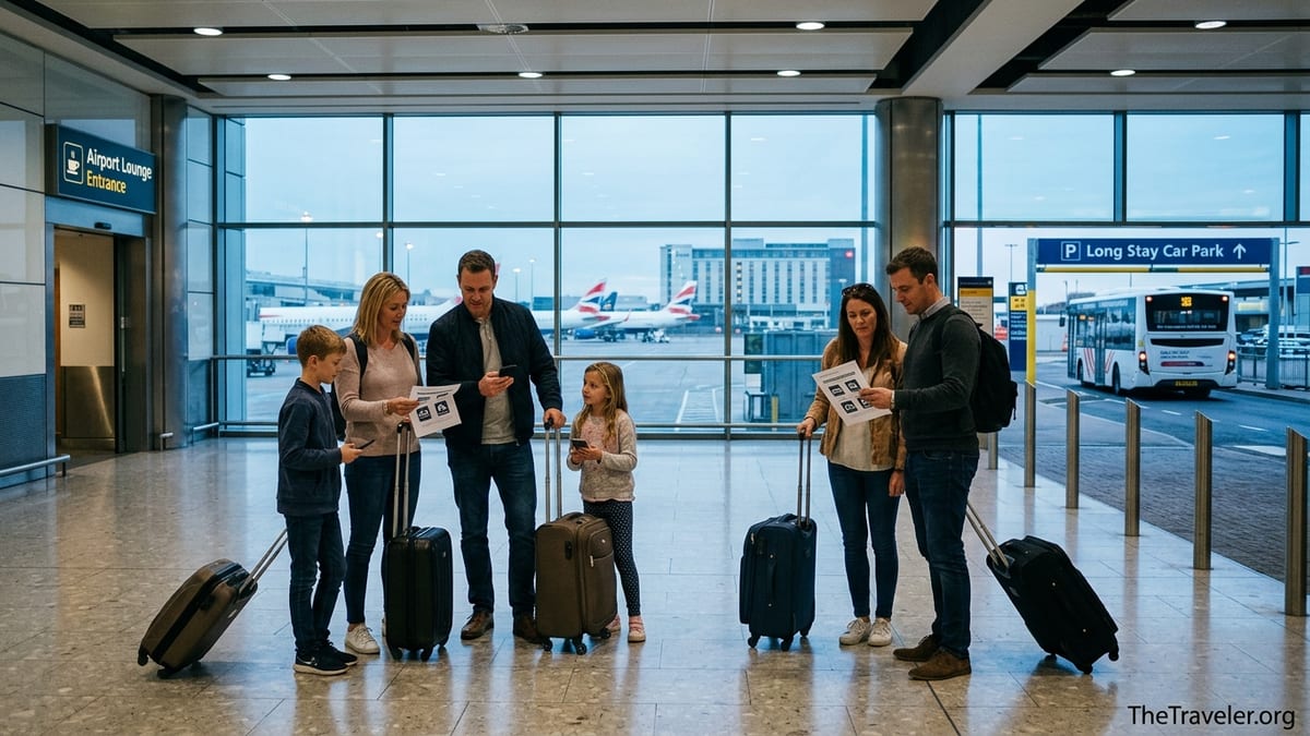 Travelers in a UK airport departures hall with luggage, lounge sign and car park shuttle visible.