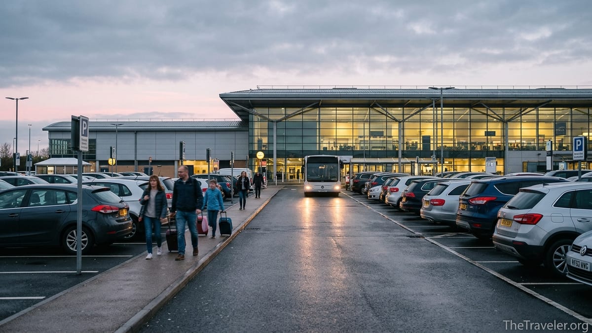 Family walking from airport car park toward terminal at dawn with shuttle bus.