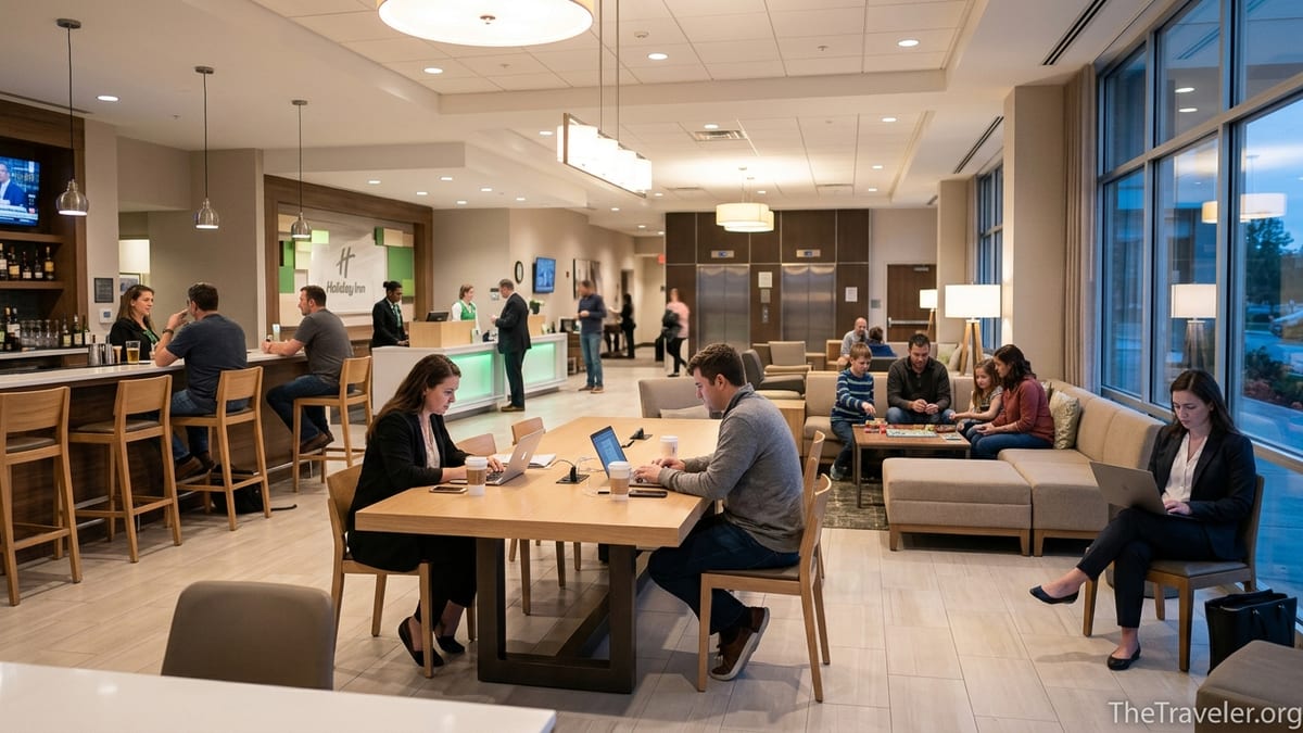 Modern Holiday Inn open lobby with travelers working and relaxing in the evening.