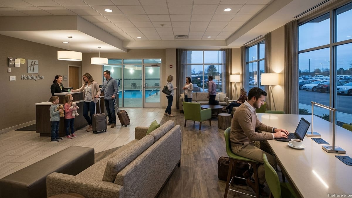 Lobby of a modern Holiday Inn with a family checking in and a business traveler working on a laptop.