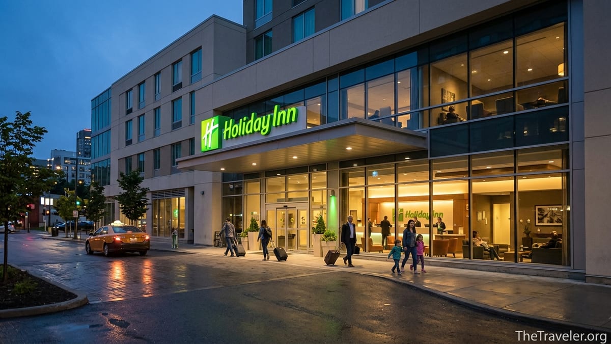 Evening street view of a modern Holiday Inn exterior with travelers arriving at the entrance.