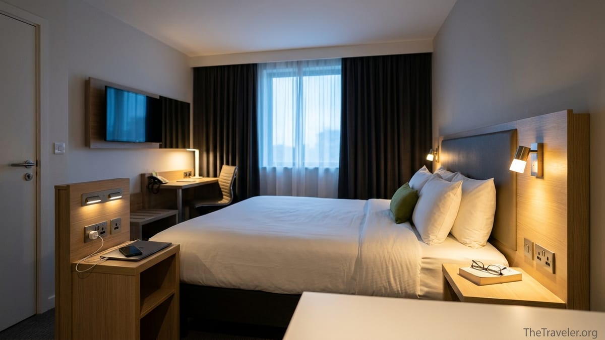 Modern Holiday Inn room showing king bed with integrated bedside power hubs and reading lights.