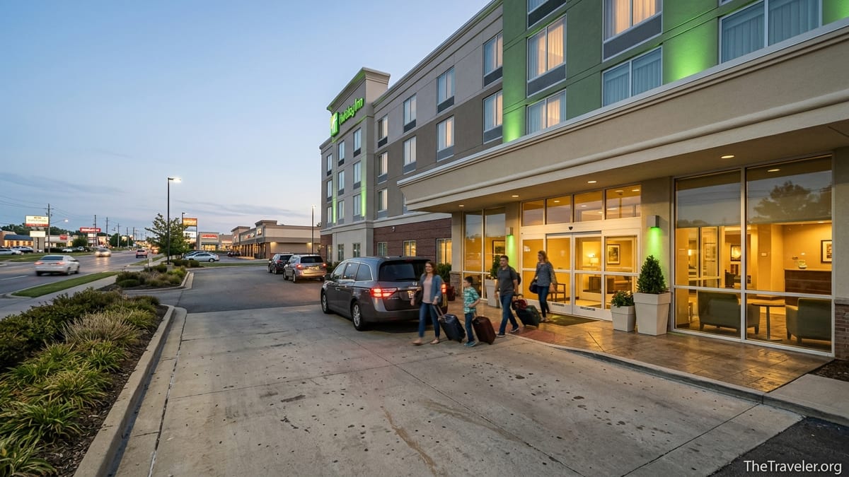 Family with suitcases arriving at a modern Holiday Inn hotel at dusk.