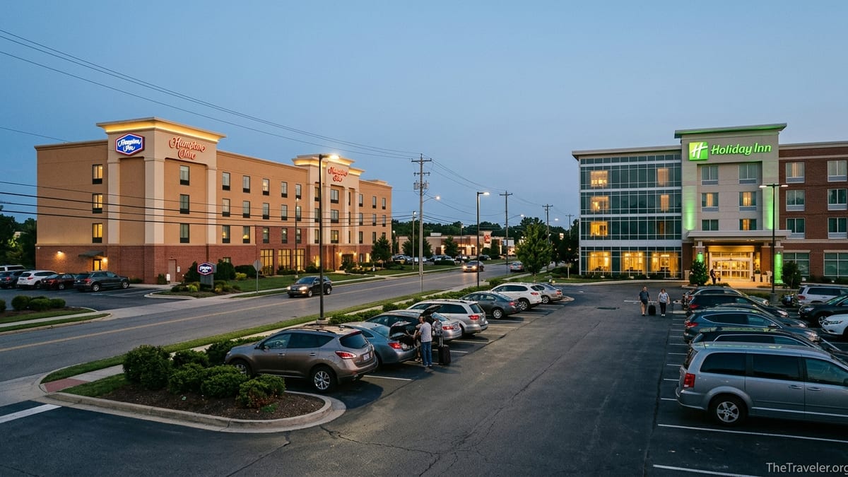 Holiday Inn and Hampton Inn facing each other across a suburban street at dusk.