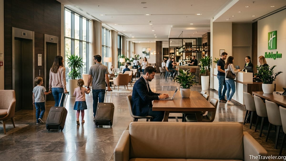 Modern Holiday Inn lobby with travelers checking in and relaxing in seating areas.