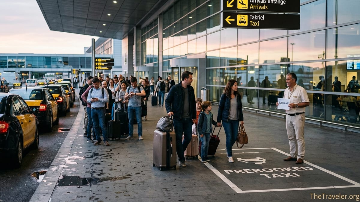 Family heads to a prebooked taxi at a busy airport while others queue at the regular taxi rank.