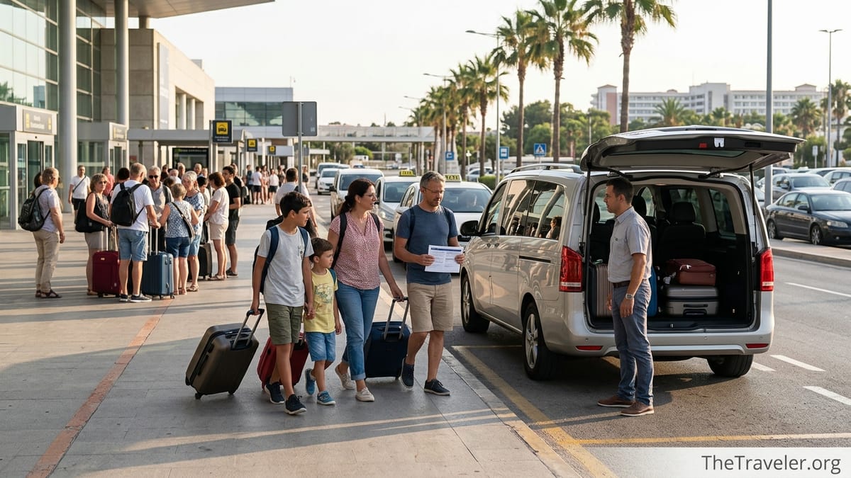 Travelers meet a pre booked taxi outside a sunny Mediterranean airport terminal.