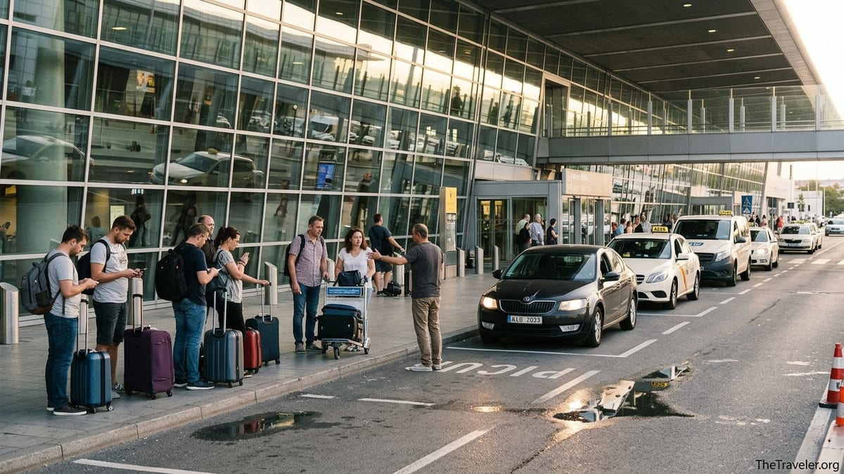 Travelers with luggage choosing between taxis and a transfer van outside an airport terminal.