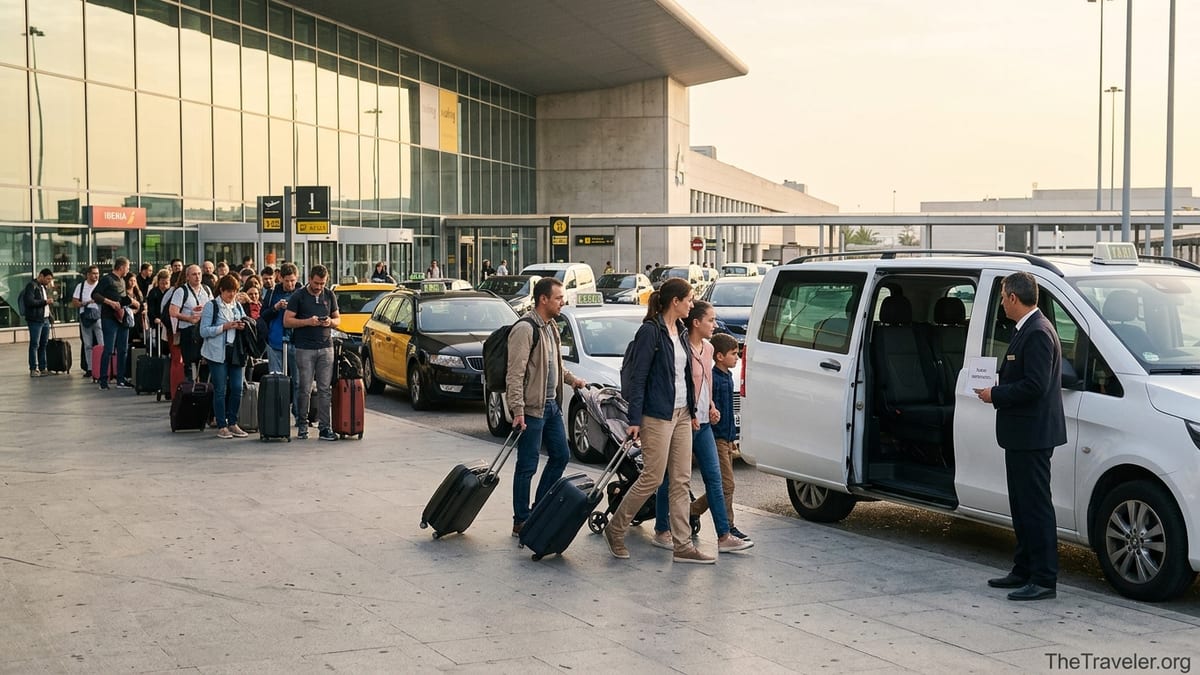 Family walks to a prebooked airport taxi while others queue at a busy taxi rank.