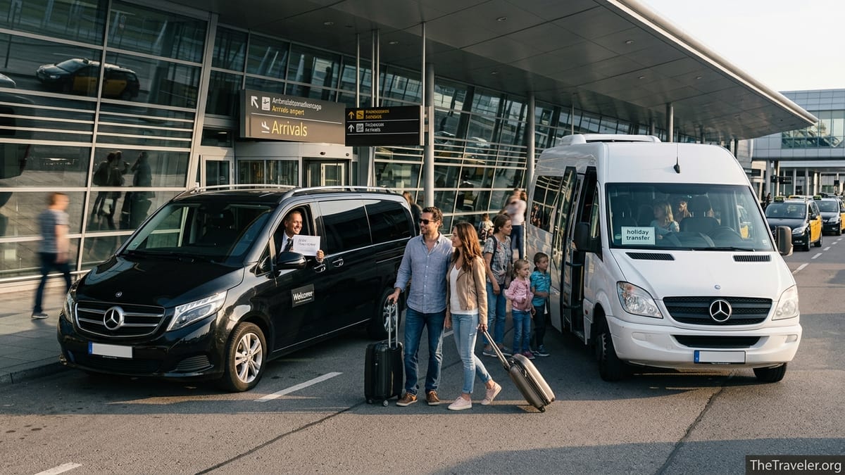 Travelers choosing between a private car and an airport shuttle outside a European terminal.