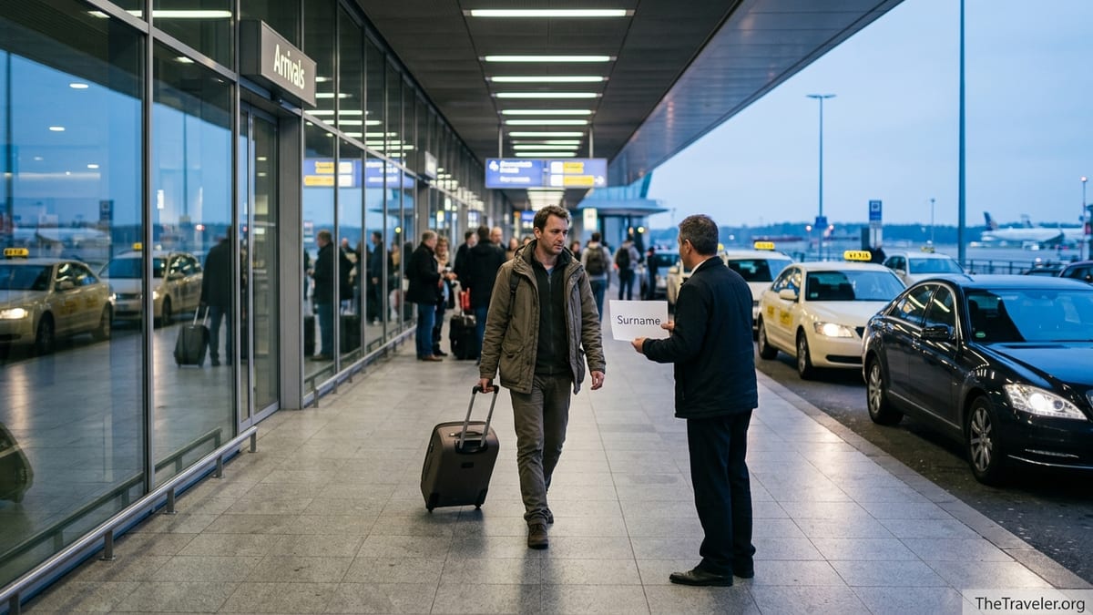 Traveler meeting an airport pickup driver holding a name sign outside a busy terminal at dusk.