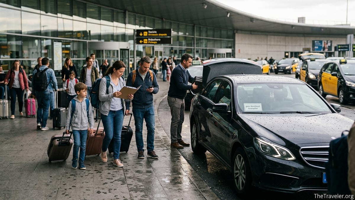 Family meeting a prebooked airport transfer car outside a busy arrivals terminal