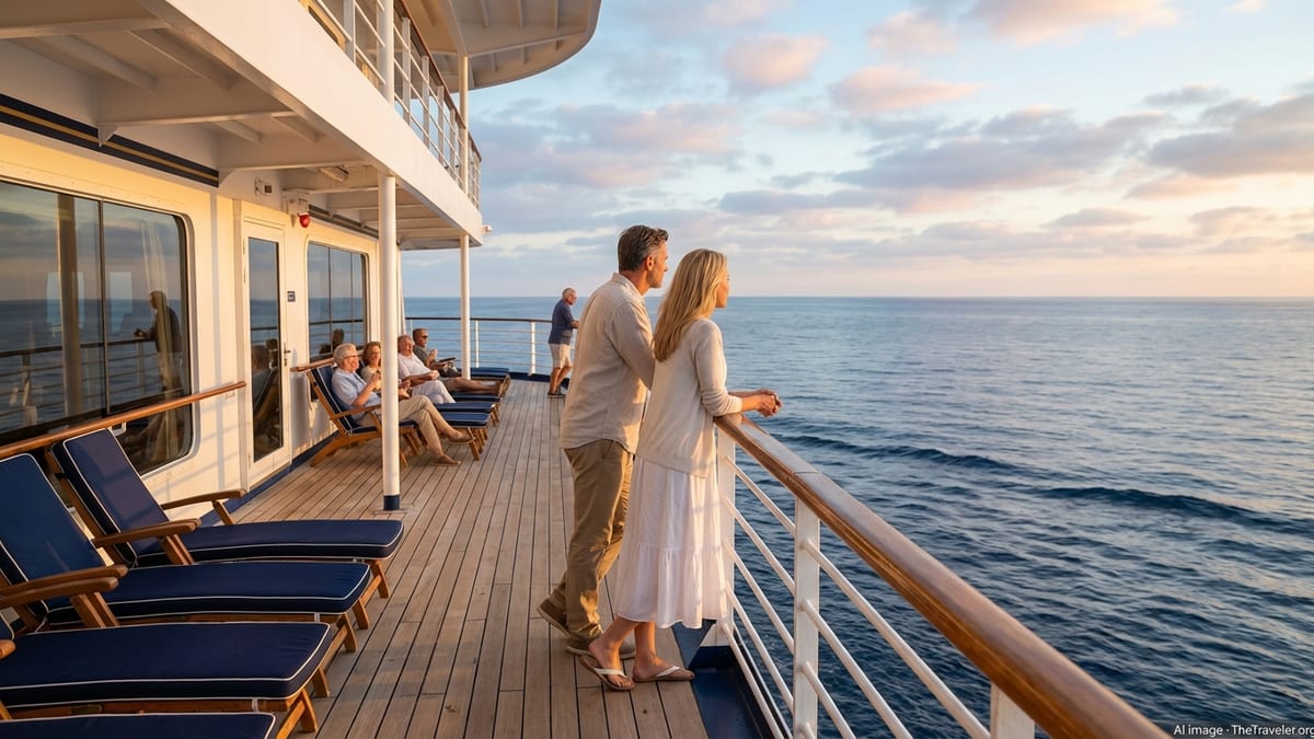 Couple looking out to sea from the open deck of a Holland America cruise ship at sunrise.
