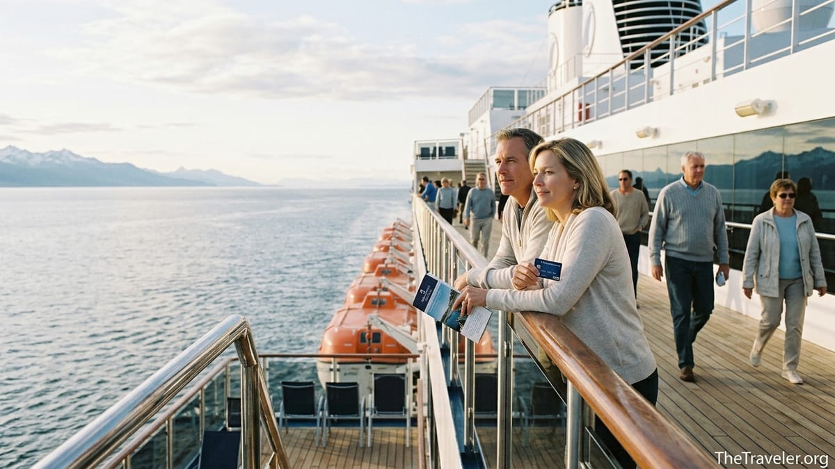 Couple on a Holland America ship deck at sunset holding a rewards credit card while looking out to sea.