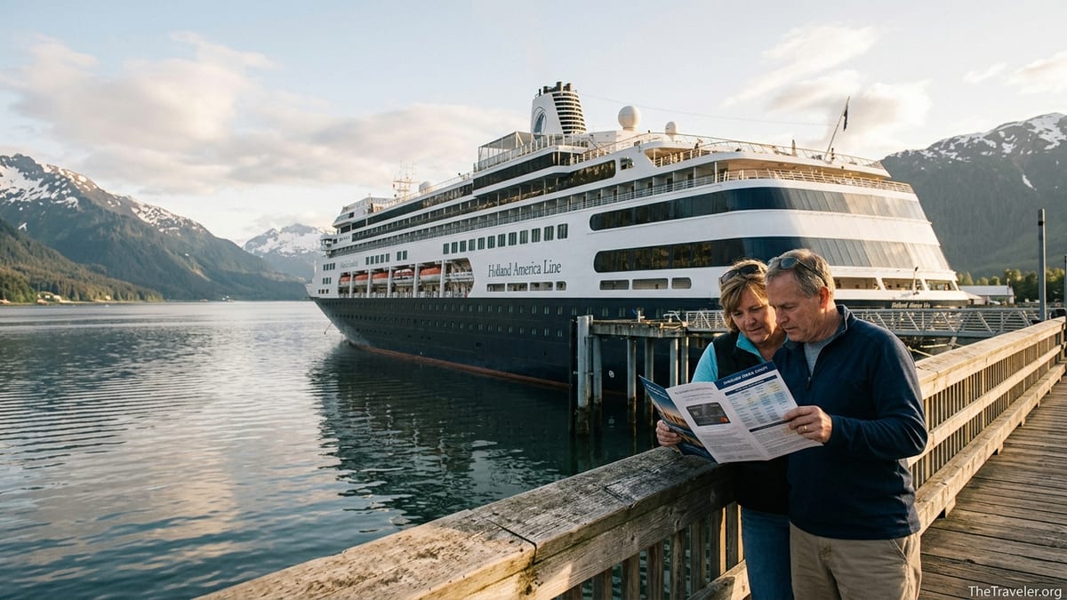 Holland America cruise ship docked in an Alaska port with travelers reading about cruise rewards on the pier.